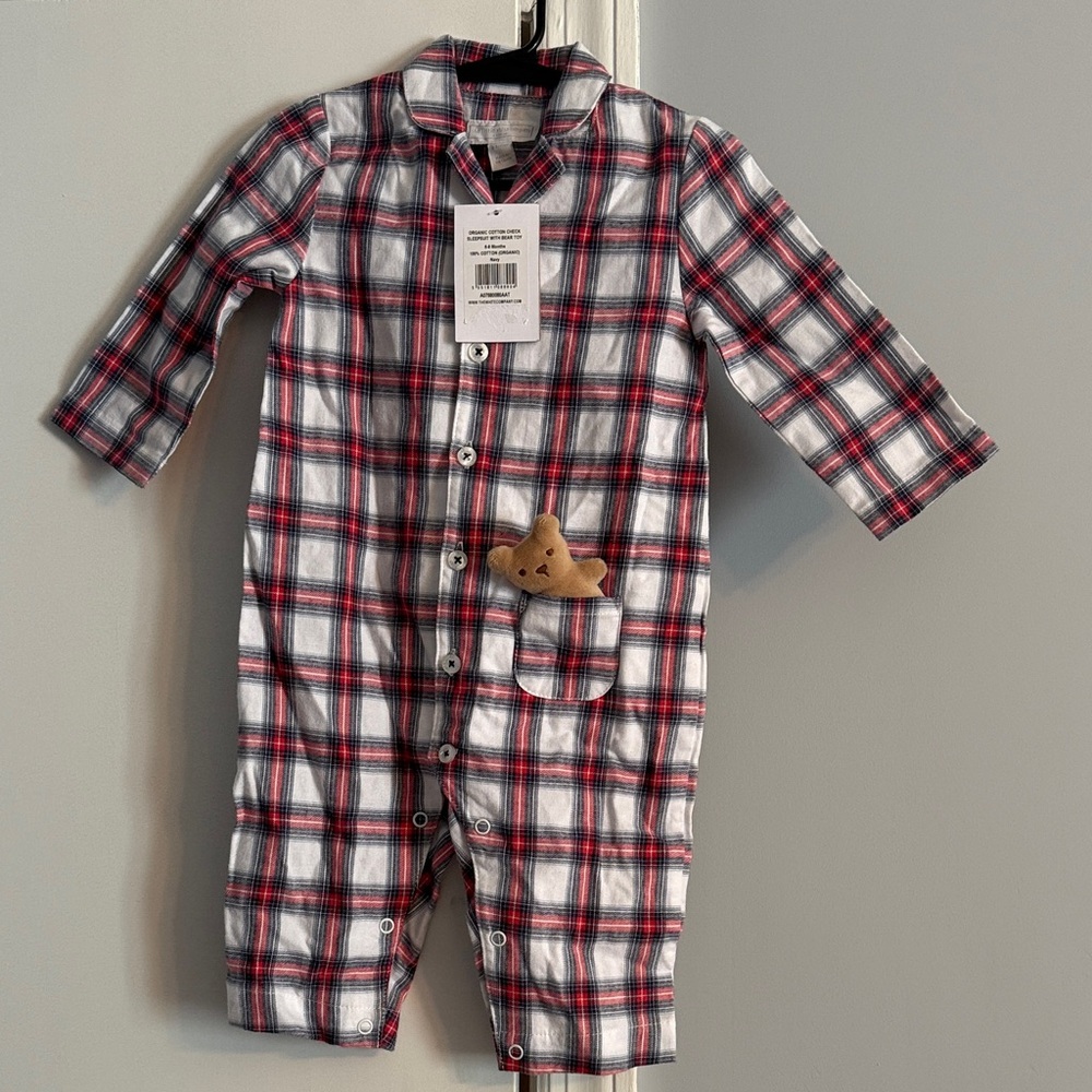 Plaid Baby Onesie PJ with Bear in Pocket